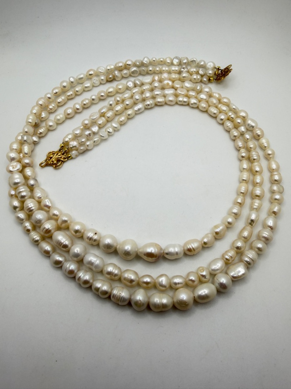 NWOT 22" Three strands, Graduated Freshwater‎ PEARLS necklace w/ gold over 925!